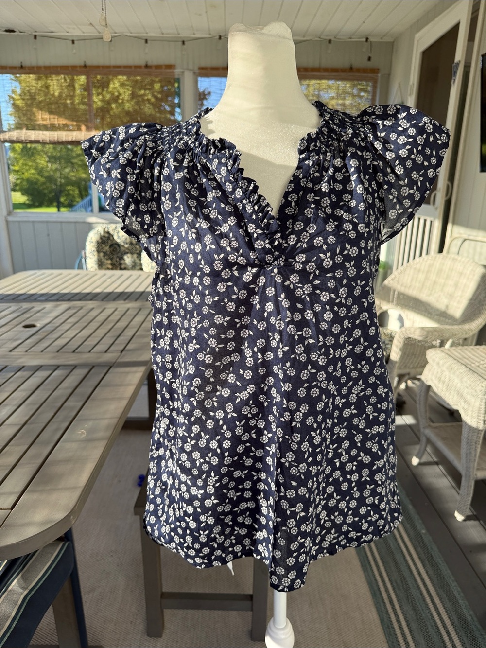 J. Crew Navy White Floral Ruffle V-Neck Blouse